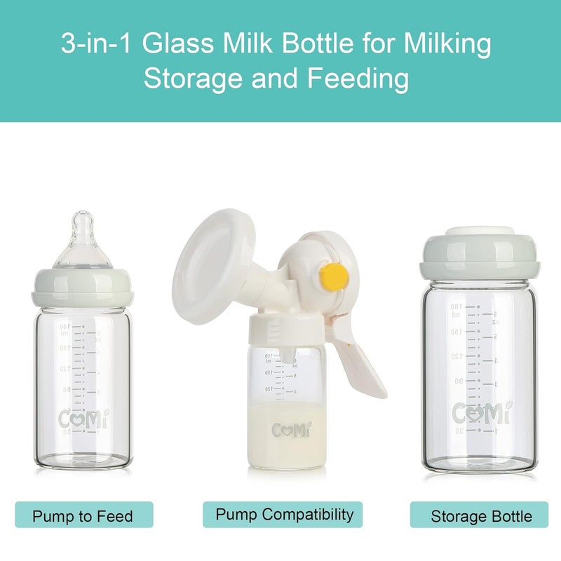 COMI Wide Neck Glass Breastmilk Collection n Storage Bottle, 4 Packs, 6oz with Screw Ring Sealing Disk; Re-markable Sealing Disc. BPA Free, Fits Breast Pumps & Nipples (4 Gray Lids) - Image 2